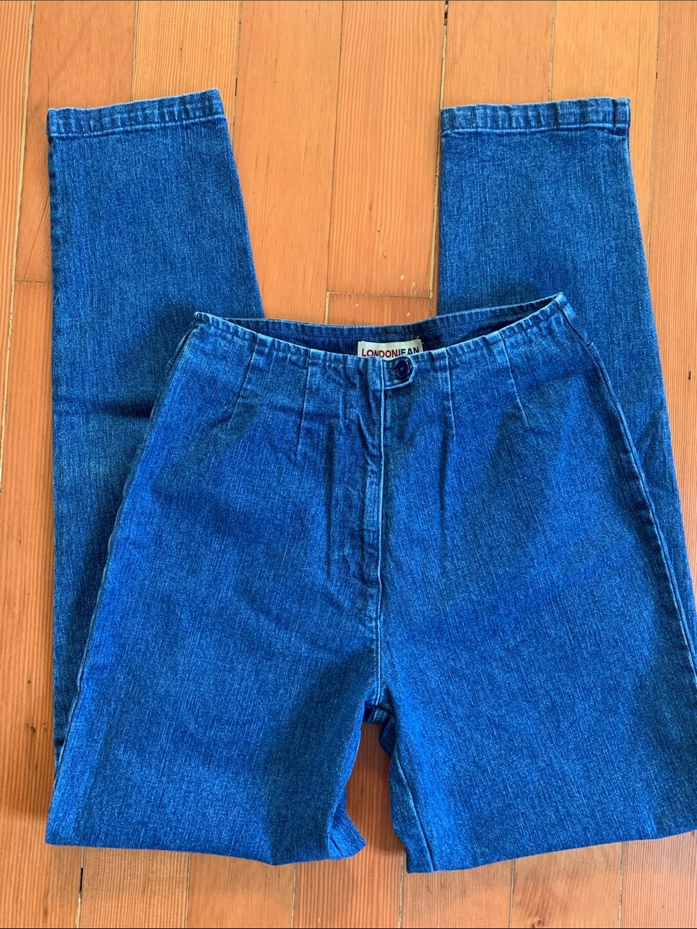 LONDONJEAN Mom Jeans Pleated Waist Tapered Leg Blue Denim Sz 8